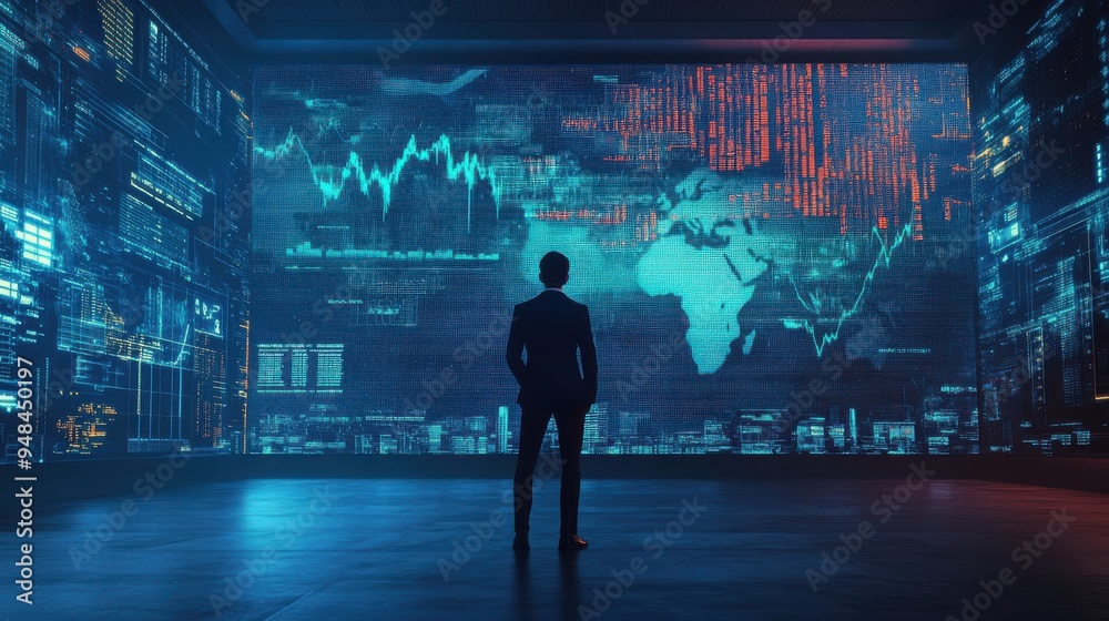 A businessman analyzes data on a futuristic screen, showcasing global statistics and market trends in a high-tech environment. A businessman analyzes data on a futuristic screen, showcasing global statistics and market trends in a high-tech environment.