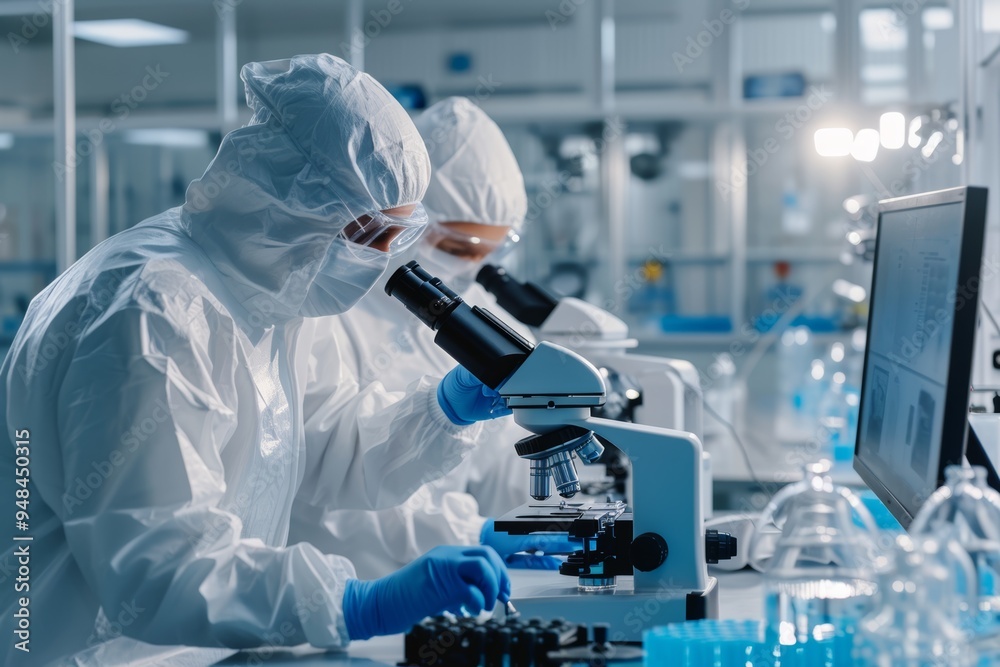 Two Scientists In Sterile Suites At Research Factory: Engineer Using Microscope And Desktop Computer To Inspect Microchip Two Scientists In Sterile Suites At Research Factory: Engineer Using Microscope And Desktop Computer To Inspect Microchip