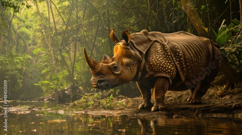 A large rhino stands by a stream in a lush jungle, its thick skin covered in dots. photo