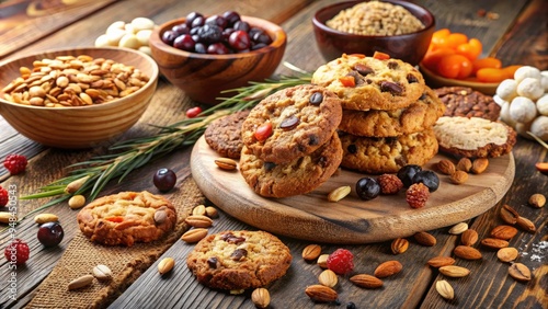 Freshly baked wholesome treats on a rustic wooden table, featuring an assortment of nutritious cookies made with oats, nuts, and dried fruits.