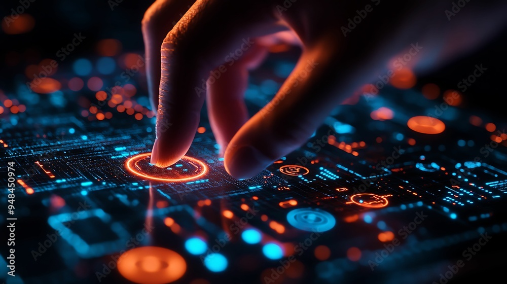 A close-up of a hand interacting with a futuristic touchscreen interface, featuring glowing red and blue elements, representing advanced technology and digital interaction. A close-up of a hand interacting with a futuristic touchscreen interface, featuring glowing red and blue elements, representing advanced technology and digital interaction.