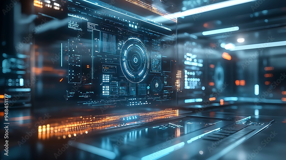 Fototapeta premium A futuristic digital interface featuring glowing data panels and holographic displays, representing advanced technology, cyber systems, and innovative design.