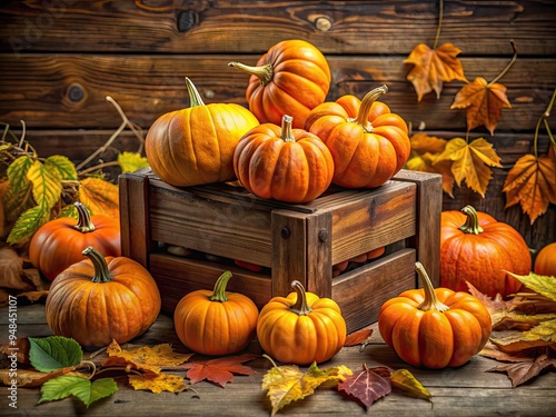 Freshly harvested orange pumpkins of various sizes overflow from a rustic wooden box, surrounded by dry leaves and vines, evoking a cozy autumn atmosphere.