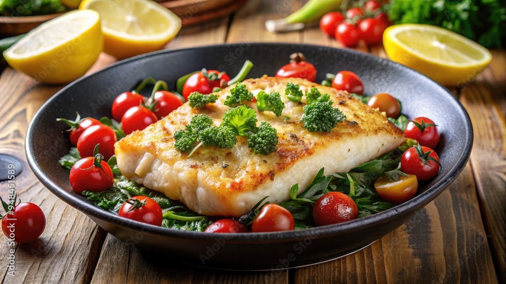 Freshly pan-seared cod fillet with crispy golden-brown crust, served on a bed of sautéed greens and cherry tomatoes, garnished with lemon wedges and parsley. Freshly pan-seared cod fillet with crispy golden-brown crust, served on a bed of sautéed greens and cherry tomatoes, garnished with lemon wedges and parsley.