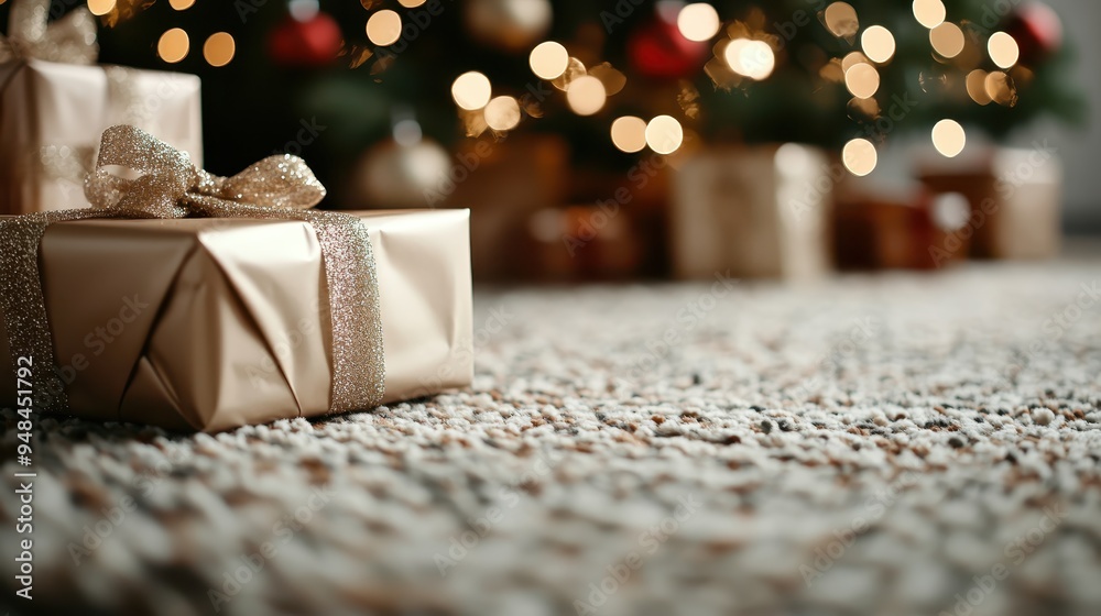 A golden gift box wrapped intricately with a ribbon, set against a backdrop of a warm, festive Christmas setting with beautifully illuminated decorations. A golden gift box wrapped intricately with a ribbon, set against a backdrop of a warm, festive Christmas setting with beautifully illuminated decorations.