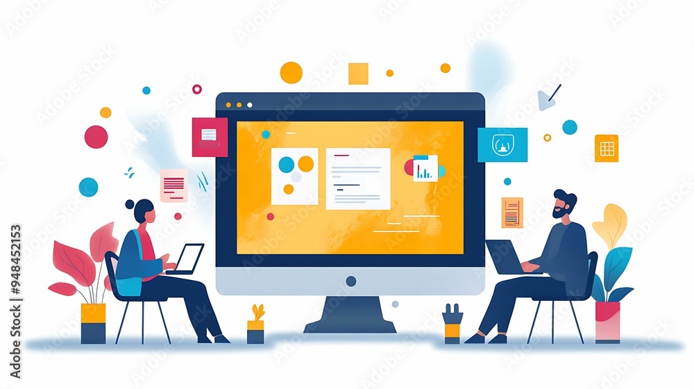 Illustration of a team collaborating in a digital workspace, with colorful elements representing online communication, file sharing, and teamwork. Illustration of a team collaborating in a digital workspace, with colorful elements representing online communication, file sharing, and teamwork.