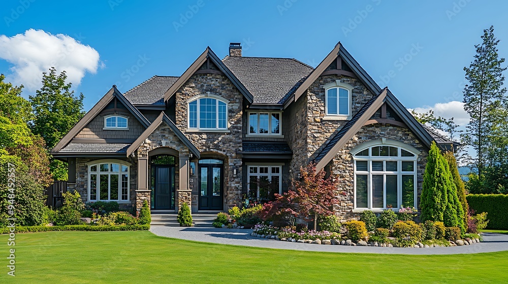 An elegant stone-faced house featuring a beautifully manicured lawn, lush garden, and classic architectural design, set against a clear blue sky. An elegant stone-faced house featuring a beautifully manicured lawn, lush garden, and classic architectural design, set against a clear blue sky.