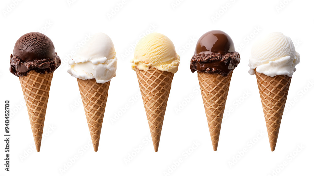Set of vanilla chocolate ice cream cones isolated on transparent background Set of vanilla chocolate ice cream cones isolated on transparent background