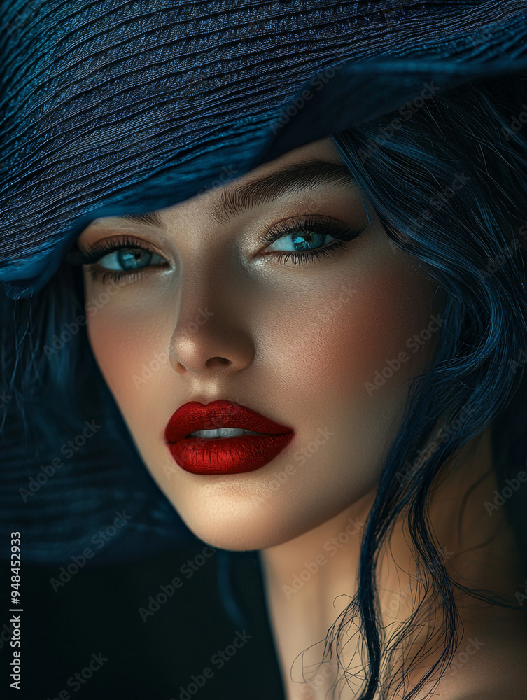 A woman with red lipstick and a blue hat A woman with red lipstick and a blue hat