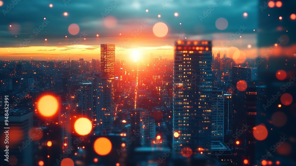 A stunning city skyline at sunset with vibrant bokeh lights in the foreground, creating a magical urban atmosphere.