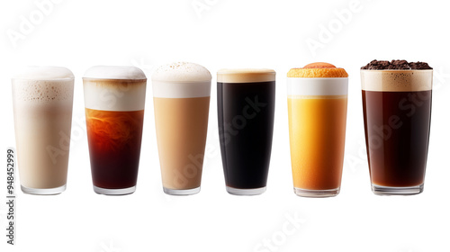 Set of coffee drinks latte, cappuccino, espresso, americano, mocha in cups isolated on transparent background