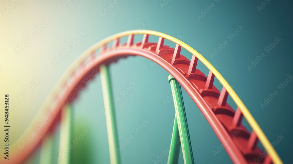 Fototapeta premium A colorful roller coaster track curving against a soft blurred background, symbolizing excitement and fun in amusement parks.