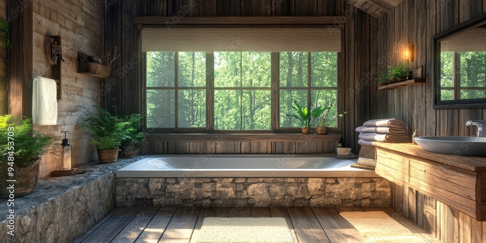 3D rendering of rustic wooden bathhouse interior details highlighting relaxation and country living 3D rendering of rustic wooden bathhouse interior details highlighting relaxation and country living