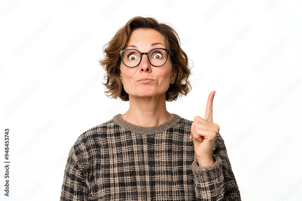 Portrait of a Middle Aged American Woman Displaying a Thoughtful and Pensive Expression Pointing Her Finger Against a White Background in a 3D Rendering Portrait of a Middle Aged American Woman Displaying a Thoughtful and Pensive Expression Pointing Her Finger Against a White Background in a 3D Rendering
