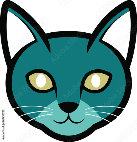 Whimsical cat face vector art with detailed whiskers and a friendly gaze ideal for logos and illustrations

