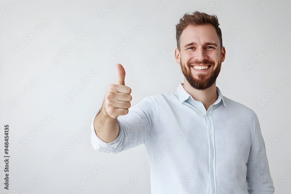 Smiling Caucasian American Businessman Giving Positive and Enthusiastic Thumbs Up Gesture Against Plain White Background Expressing Confidence Success and Motivation Smiling Caucasian American Businessman Giving Positive and Enthusiastic Thumbs Up Gesture Against Plain White Background Expressing Confidence Success and Motivation
