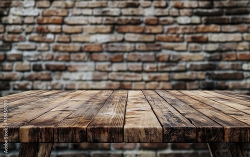 3D rendering of a wooden table set against a rustic brick wall blur background featuring empty space for product display mockup in a retro design montage presentation