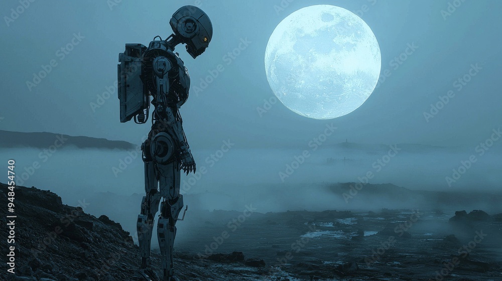Futuristic Robot Standing on a Rocky Landscape Under a Full Moon