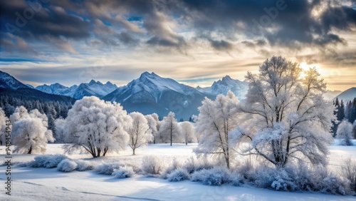 Frosted winter landscape with icy trees and snow-covered mountains beneath a grey sky, capturing the serene and bitter chill of the freezing cold season. photo