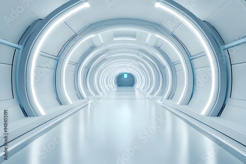 Futuristic spaceship corridor featuring a 360 degree rendering with a clean minimalist design smooth geometric patterns and a sleek modern aesthetic