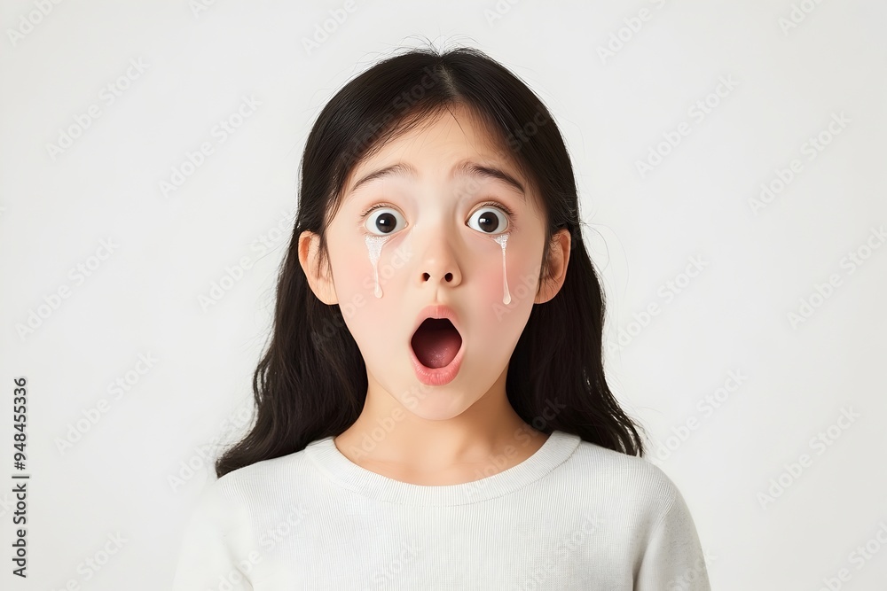 3D render of a surprised young Japanese woman with tears streaming down her face against a plain white background showing strong emotion and facial expression 3D render of a surprised young Japanese woman with tears streaming down her face against a plain white background showing strong emotion and facial expression