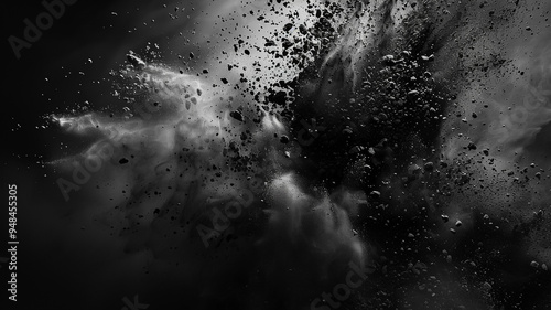 Black charcoal powder exploding against an isolated white background, creating a dynamic burst of dark particles. The contrast emphasizes the intense, raw, and dramatic visual effect.
