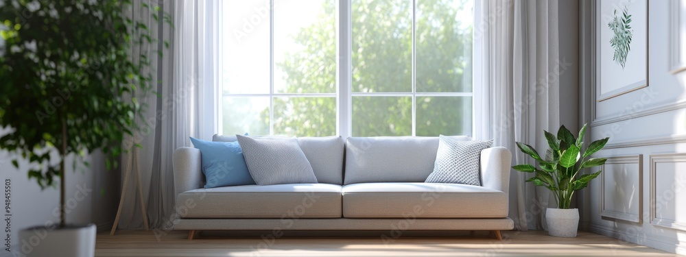 Bright living room featuring a sofa and a summer landscape through the window in a Scandinavian interior style 3D rendering Bright living room featuring a sofa and a summer landscape through the window in a Scandinavian interior style 3D rendering