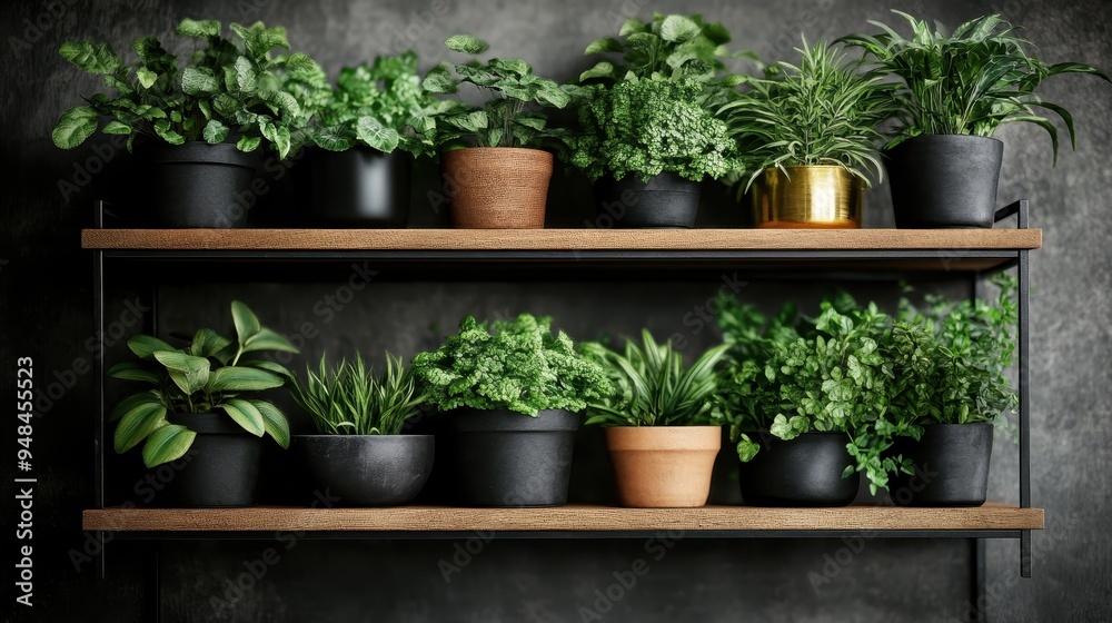 A variety of green plants in pots artistically arranged on a modern wooden shelf against a dark gray wall, creating a visually pleasing and calming indoor greenery display. A variety of green plants in pots artistically arranged on a modern wooden shelf against a dark gray wall, creating a visually pleasing and calming indoor greenery display.