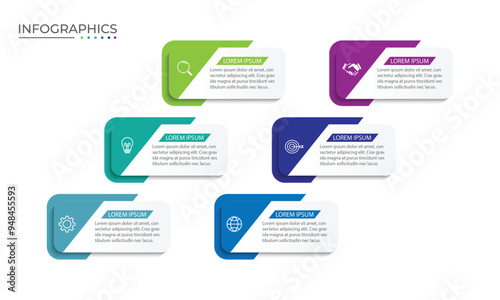 Vector infographic label design concept with square layout and marketing icons with 6 steps or options.