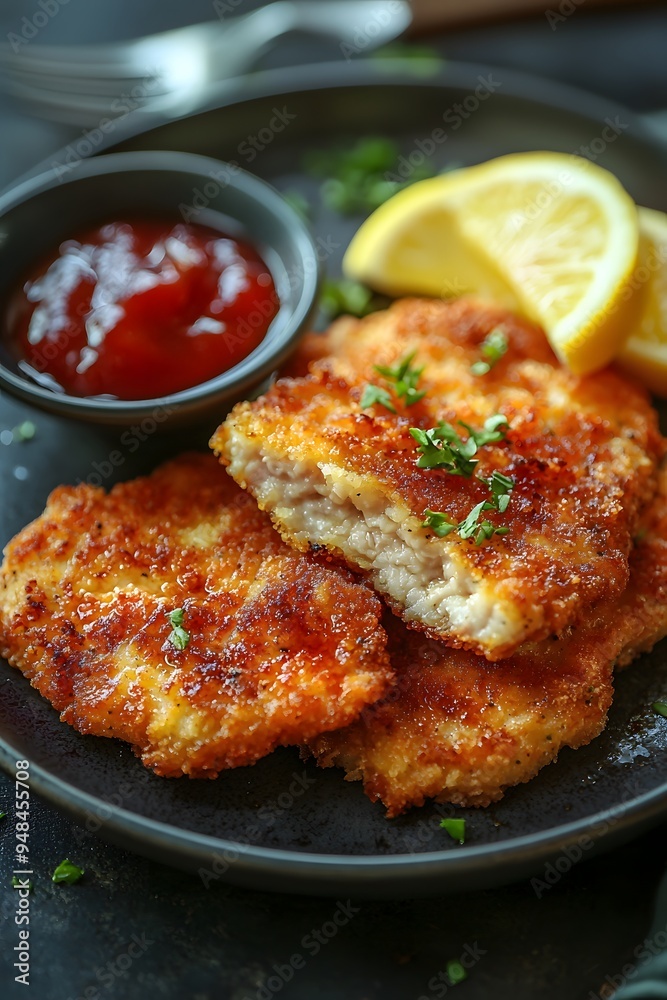 Wiener Schnitzel - Breaded and fried veal cutlet served with lemon. Wiener Schnitzel - Breaded and fried veal cutlet served with lemon.