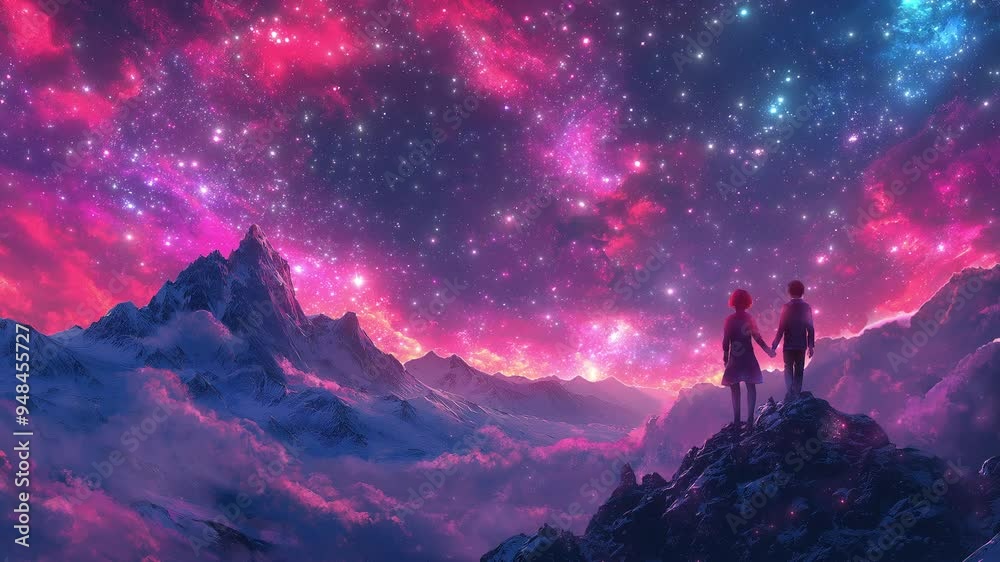 The two people stand on top of a mountain and look at the stars The two people stand on top of a mountain and look at the stars
