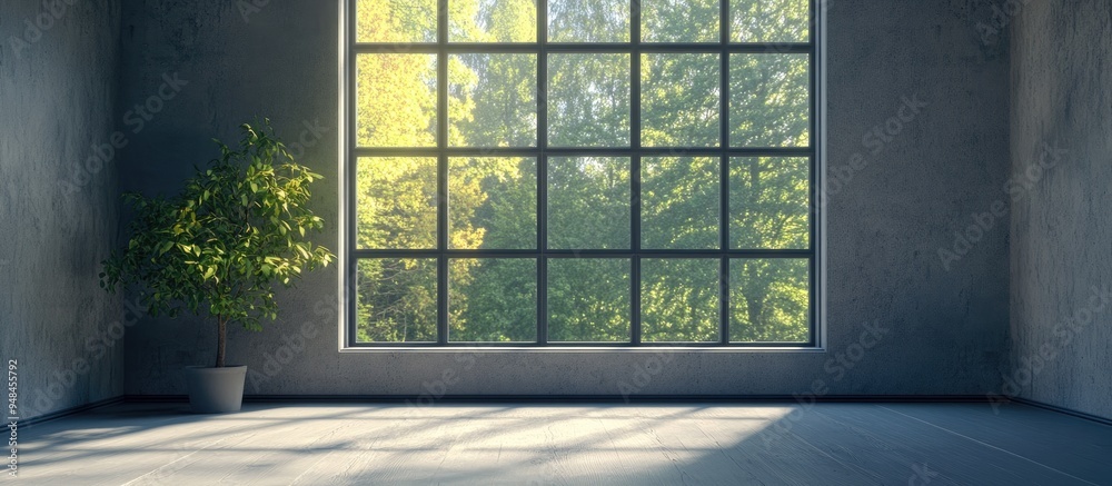 Empty interior with a large window in a 3D rendering