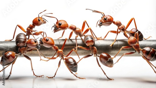 Macro view of a creative acrobat ant formations on a white background, showcasing their impressive strength and teamwork as they lift and move objects. photo