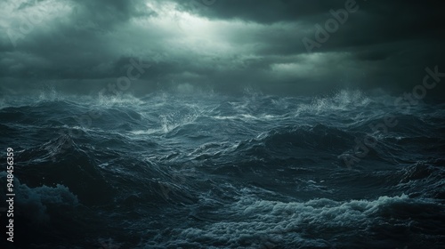 A dramatic ocean scene with dark waves and stormy clouds, capturing the power and beauty of nature's elements.