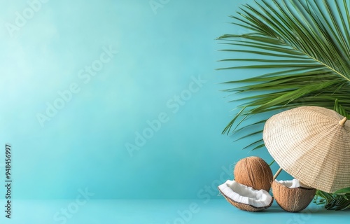 An idea for a tropical beach concept made of coconut fruits and a sun umbrella. A creative and minimal idea for summer.