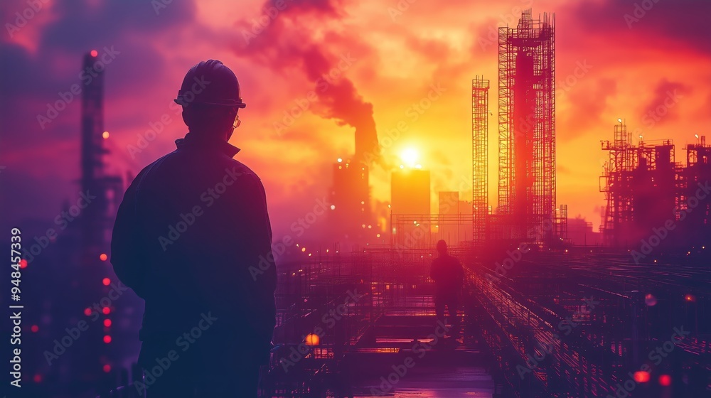 A silhouette of a construction worker overlooking a bridge under construction against a vivid sunset sky, symbolizing development and progress. A silhouette of a construction worker overlooking a bridge under construction against a vivid sunset sky, symbolizing development and progress.