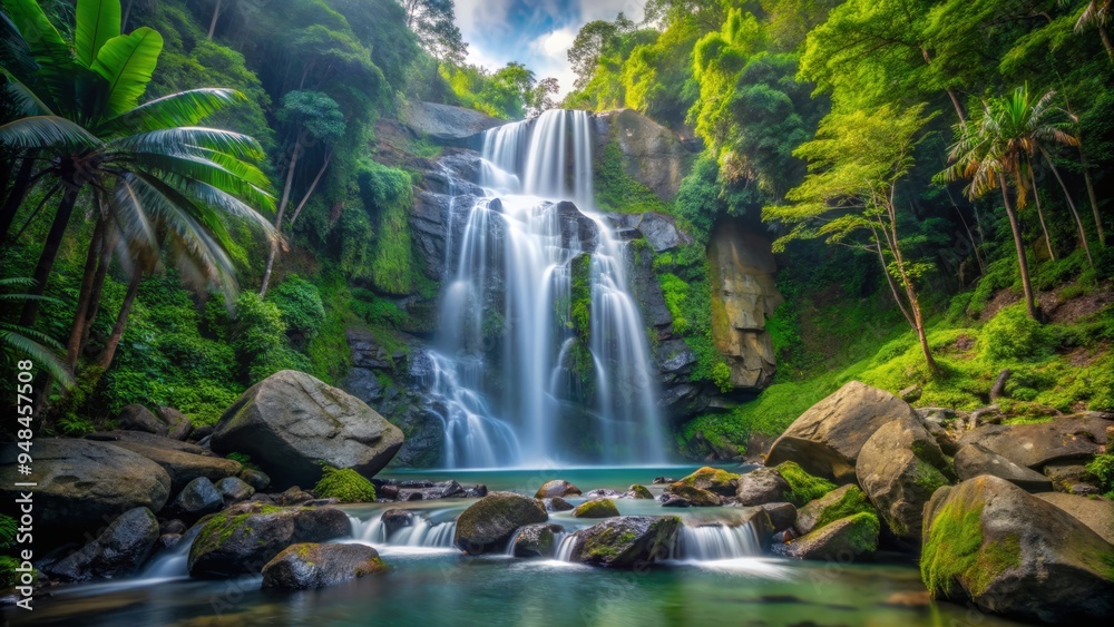 Obraz premium Majestic La Mina Falls cascades down lush green rocks in El Yunque National Forest, Puerto Rico, surrounded by vibrant tropical foliage and misty atmosphere.
