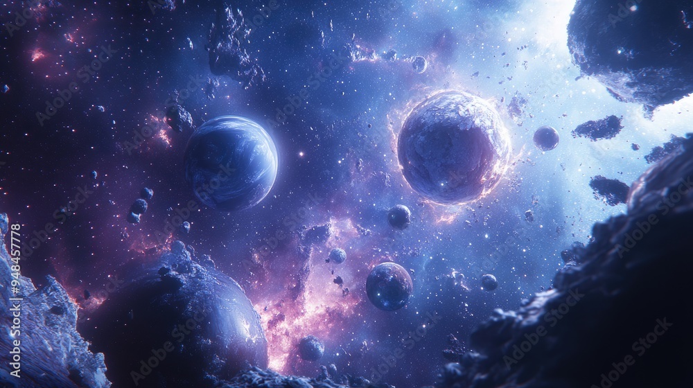Obraz premium 3D cartoon depiction of planets and galaxies blending science fiction elements The allure of deep space with billions of galaxies in the universe creating a cosmic art backdrop in a 3D render