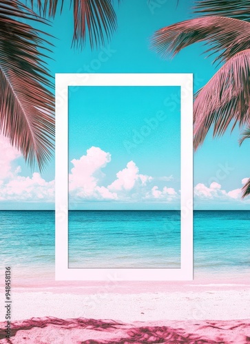 Golden sand beach closeup, blue skies, white clouds, and sea water, summer vacation concept, golden background with frame.