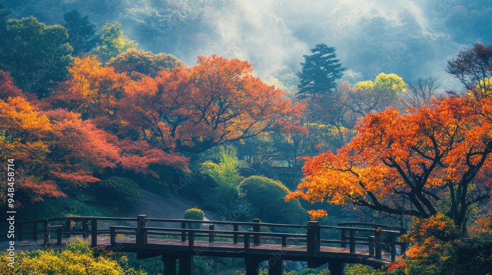 Obraz premium Nature's Palette: Autumn leaves at Atami Plum Garden in the early morning, Atami City, Shizuoka Prefecture. A colorful start to the day.