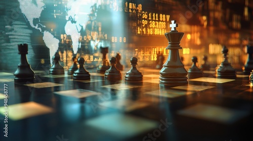 Wallpaper Mural A dynamic chessboard scene symbolizing strategy and competition, highlighted by digital elements and a glowing background. Torontodigital.ca