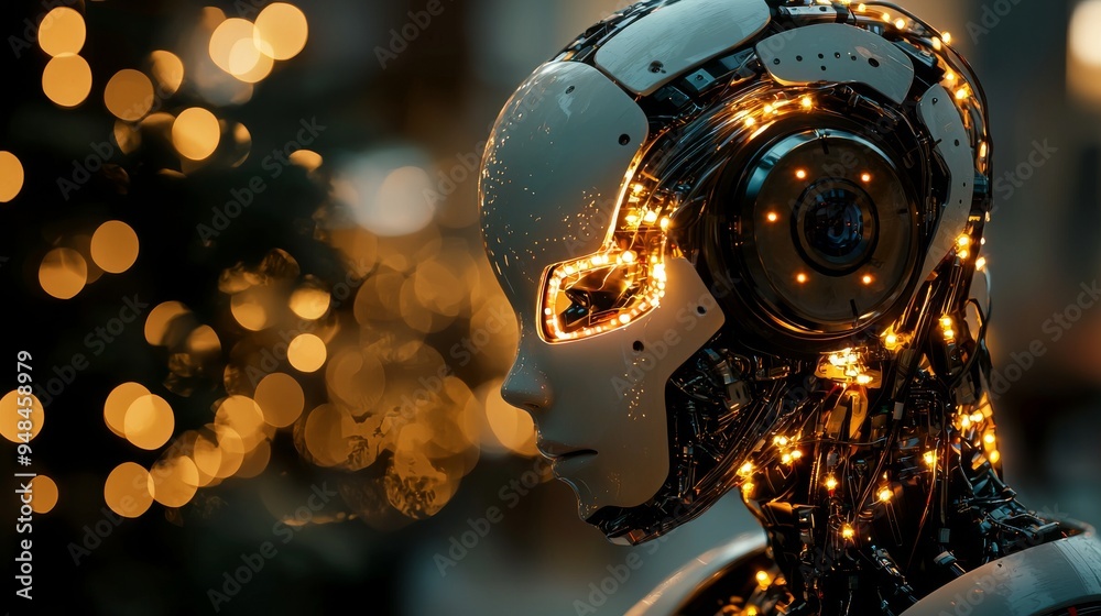 Futuristic Robot Head With Glowing Lights and Bokeh Futuristic Robot Head With Glowing Lights and Bokeh