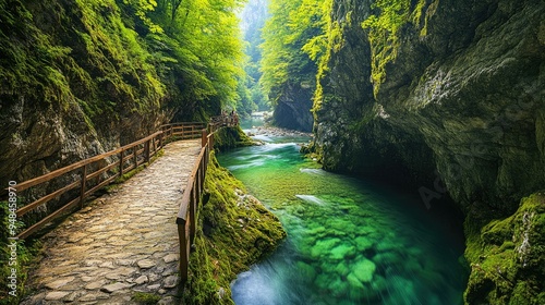 Nature's Path in Vintgar: Scenic shot of the Radovna River winding through the lush, green Vintgar Gorge, highlighting the area's natural beauty. photo