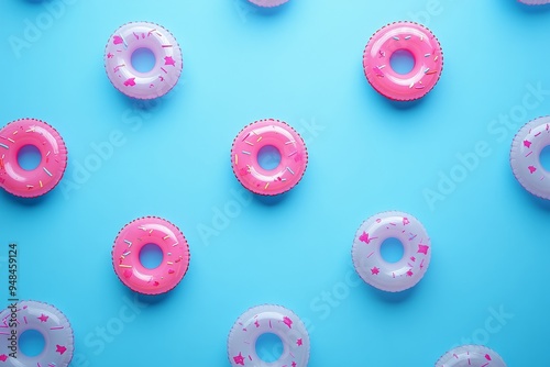 Summer sunlight pattern with pink doughnut inflatable toy on light blue background. Minimal summer theme.