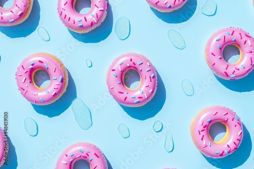 A trendy summer pattern with pink doughnut inflatable toys on a bright light blue background. A minimalist concept for summer.