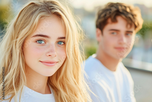 A beautiful young woman with long blonde hair and blue eyes, wearing a white t-shirt, poses next to her boyfriend who has short brown hair in the city in illustrator style 