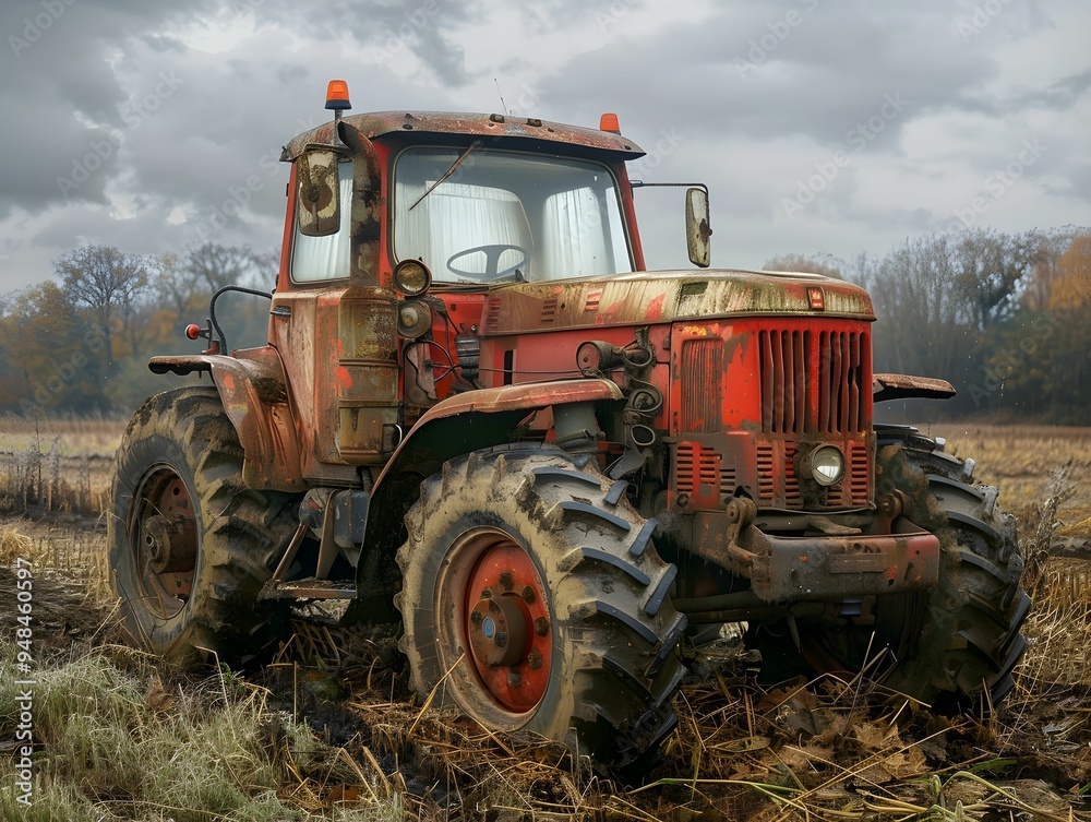 Obraz premium Rusty vintage tractor parked in a muddy field under a cloudy sky with autumn trees in the background