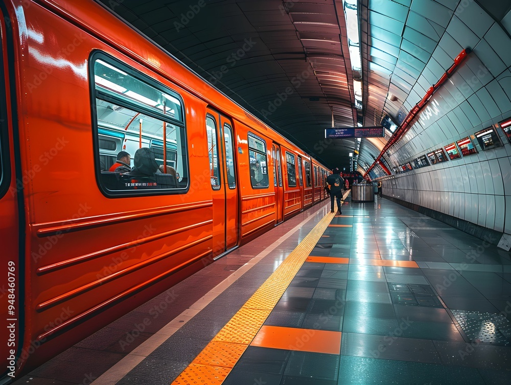 Vibrant orange subway train waiting at a modern underground station with passengers during a busy evening commute Vibrant orange subway train waiting at a modern underground station with passengers during a busy evening commute