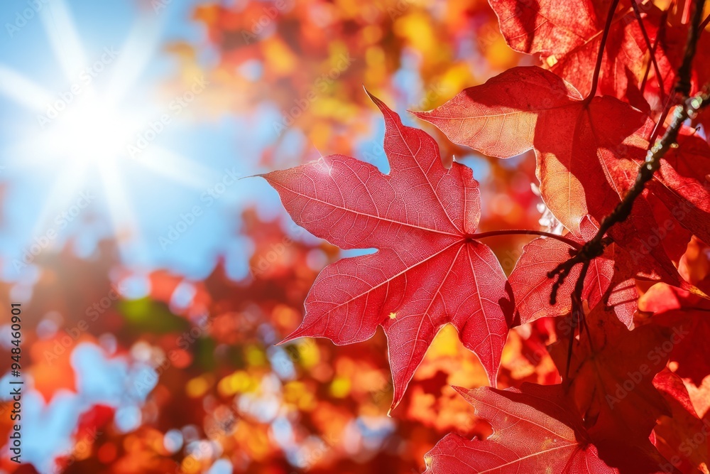 Fototapeta premium Close-up of vibrant red autumn leaves with sunlight shining through.