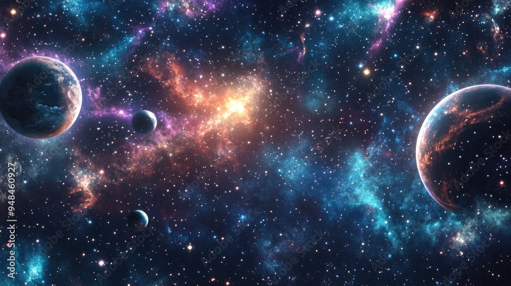2D illustration featuring a 3D cartoon rendering Background of deep interstellar space with bright flashing stars planets moons and comets Various imaginative science fiction backdrops Space art 2D illustration featuring a 3D cartoon rendering Background of deep interstellar space with bright flashing stars planets moons and comets Various imaginative science fiction backdrops Space art
